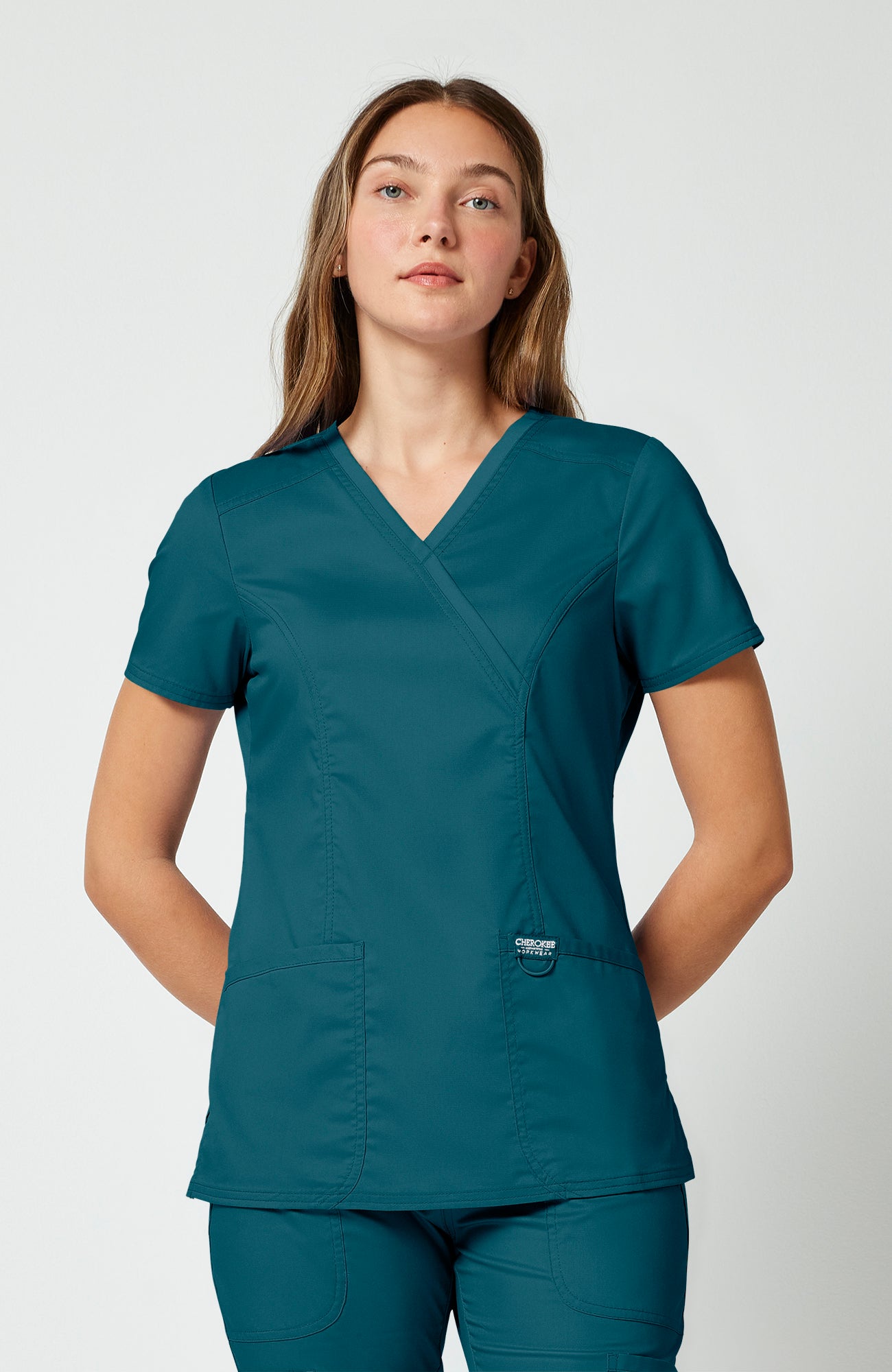 Cherokee WW Revolution Women's Shaped 3-Pocket Mock Wrap Scrub Top