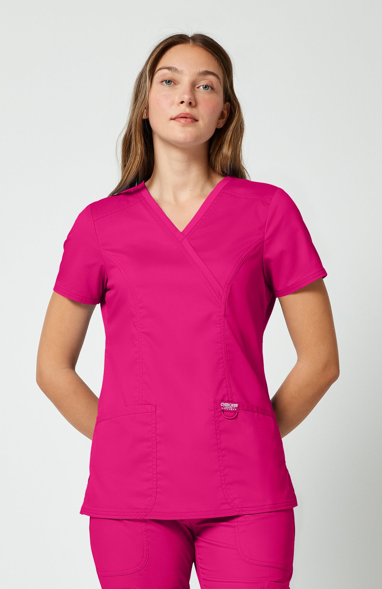 Cherokee WW Revolution Women's Shaped 3-Pocket Mock Wrap Scrub Top