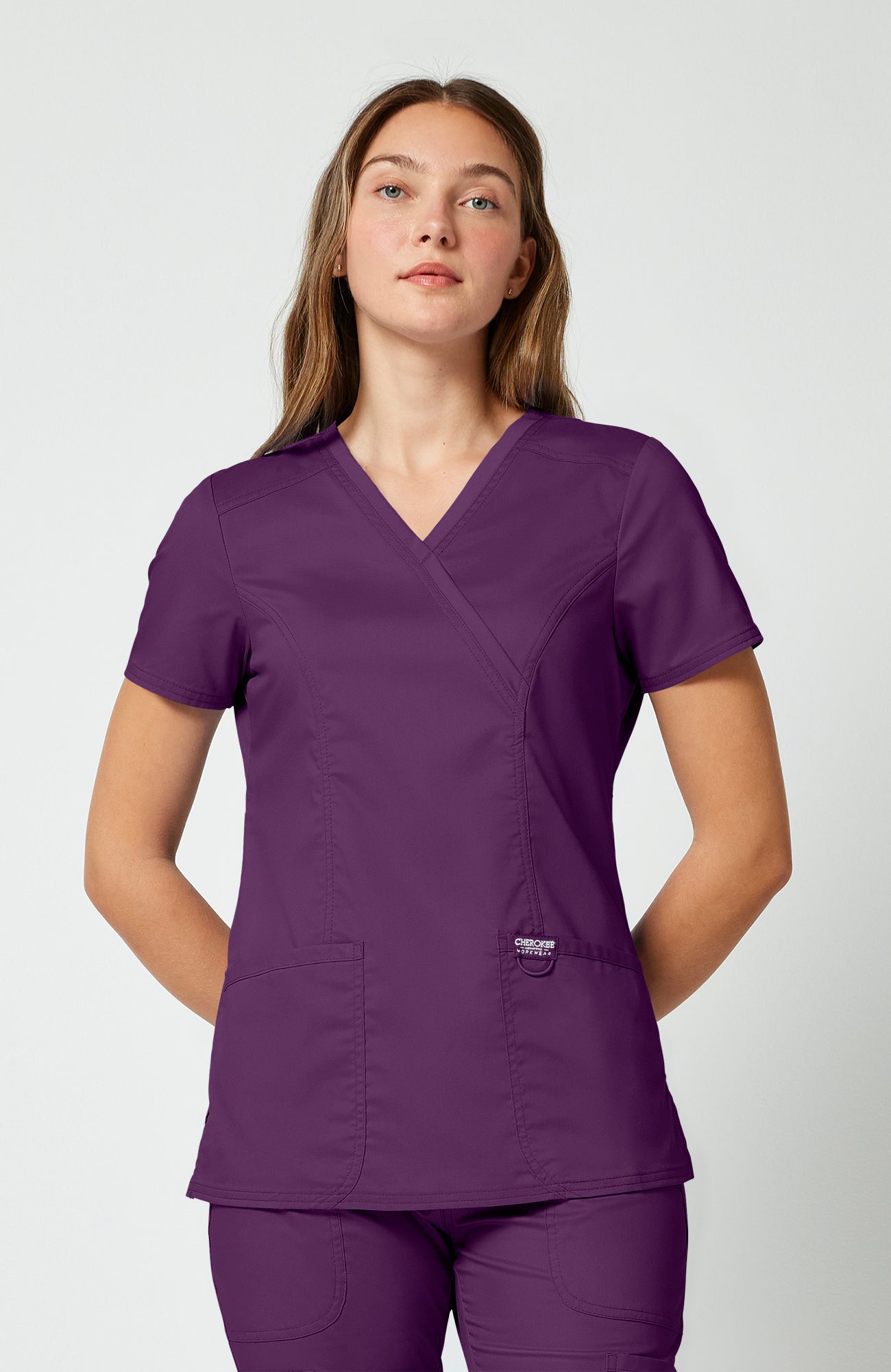 Cherokee WW Revolution Women's Shaped 3-Pocket Mock Wrap Scrub Top