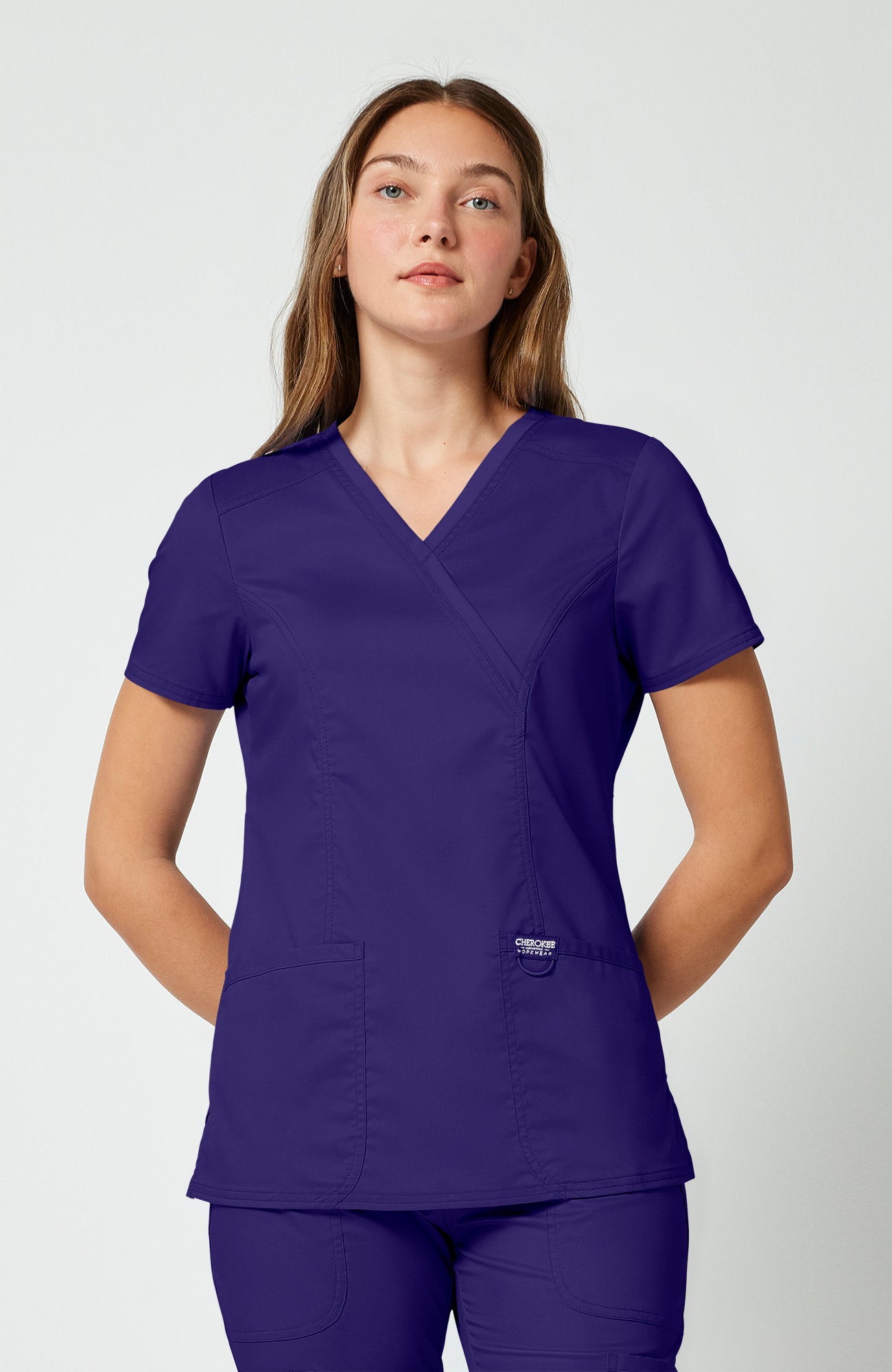 Cherokee WW Revolution Women's Shaped 3-Pocket Mock Wrap Scrub Top