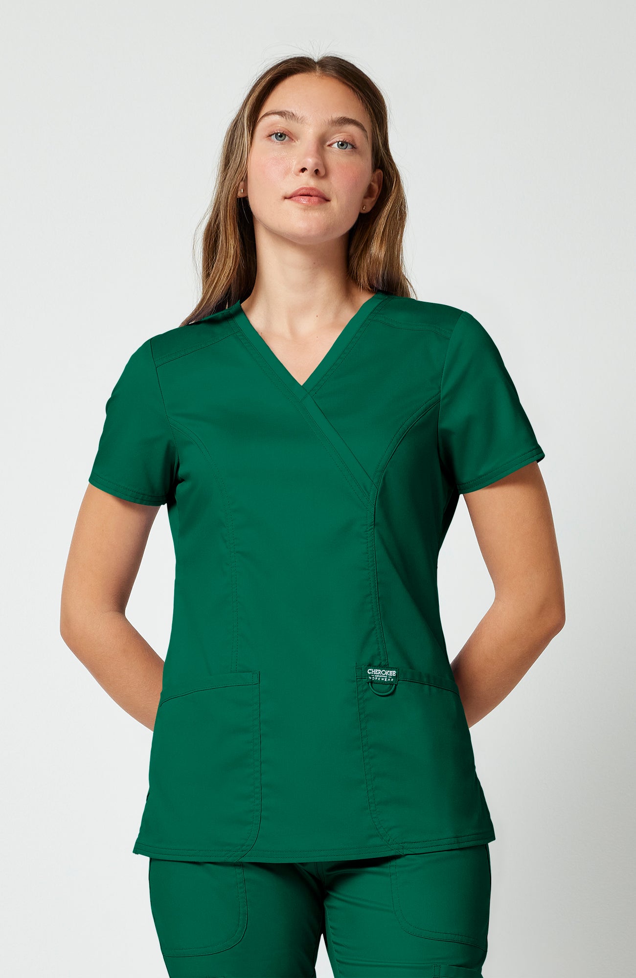 Cherokee WW Revolution Women's Shaped 3-Pocket Mock Wrap Scrub Top