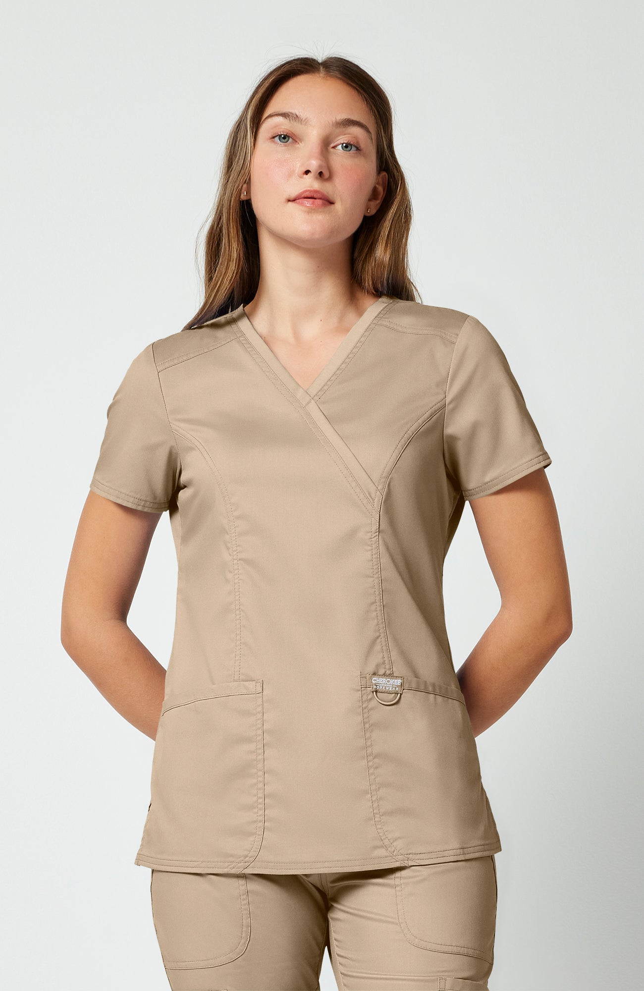 Cherokee WW Revolution Women's Shaped 3-Pocket Mock Wrap Scrub Top