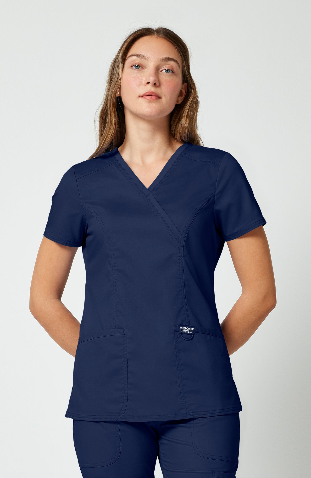 Cherokee WW Revolution Women's Shaped 3-Pocket Mock Wrap Scrub Top