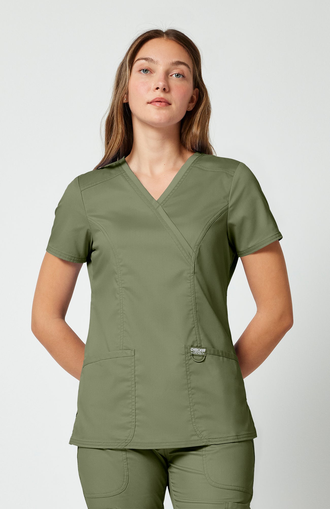Cherokee WW Revolution Women's Shaped 3-Pocket Mock Wrap Scrub Top