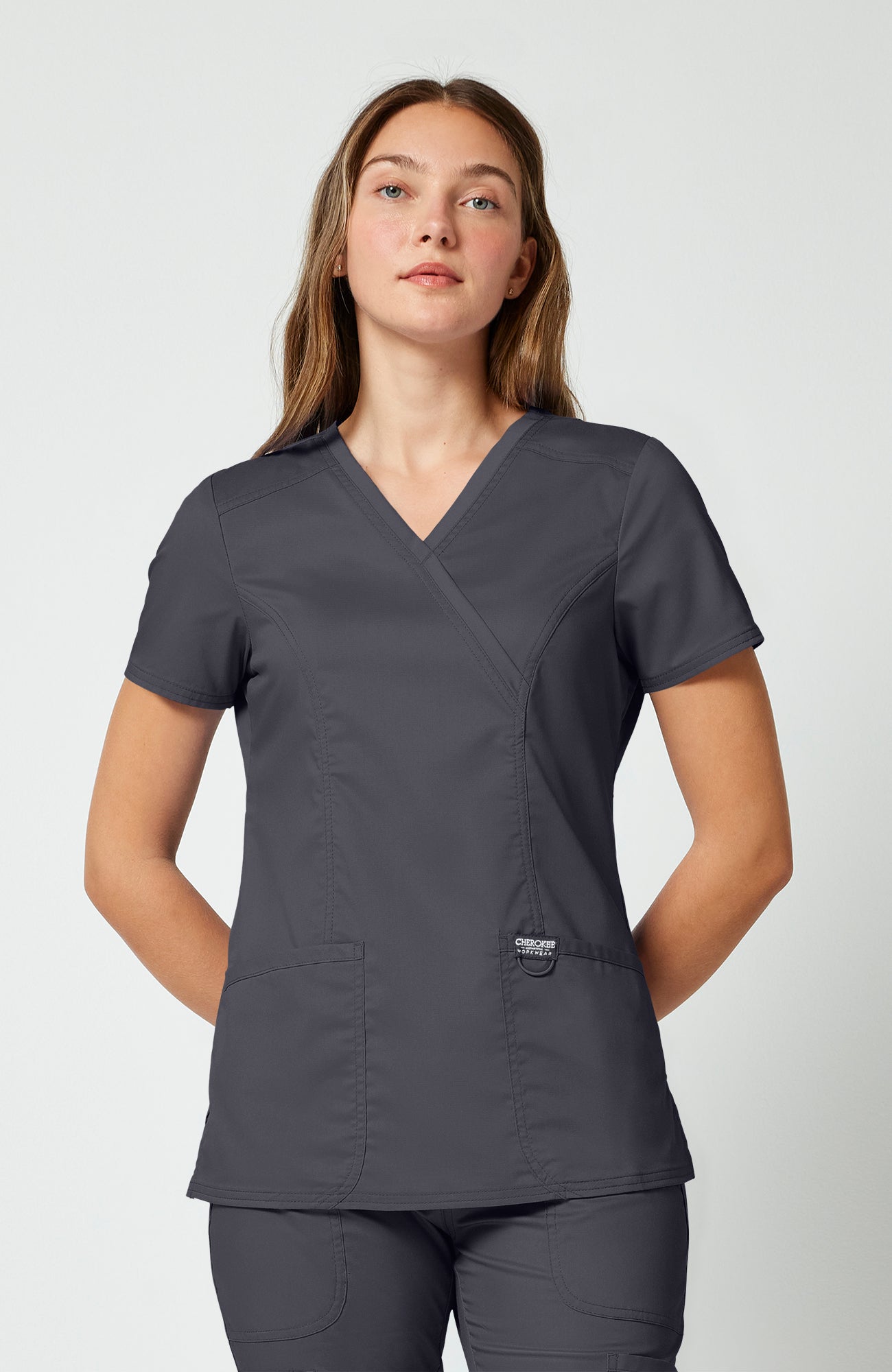 Cherokee WW Revolution Women's Shaped 3-Pocket Mock Wrap Scrub Top