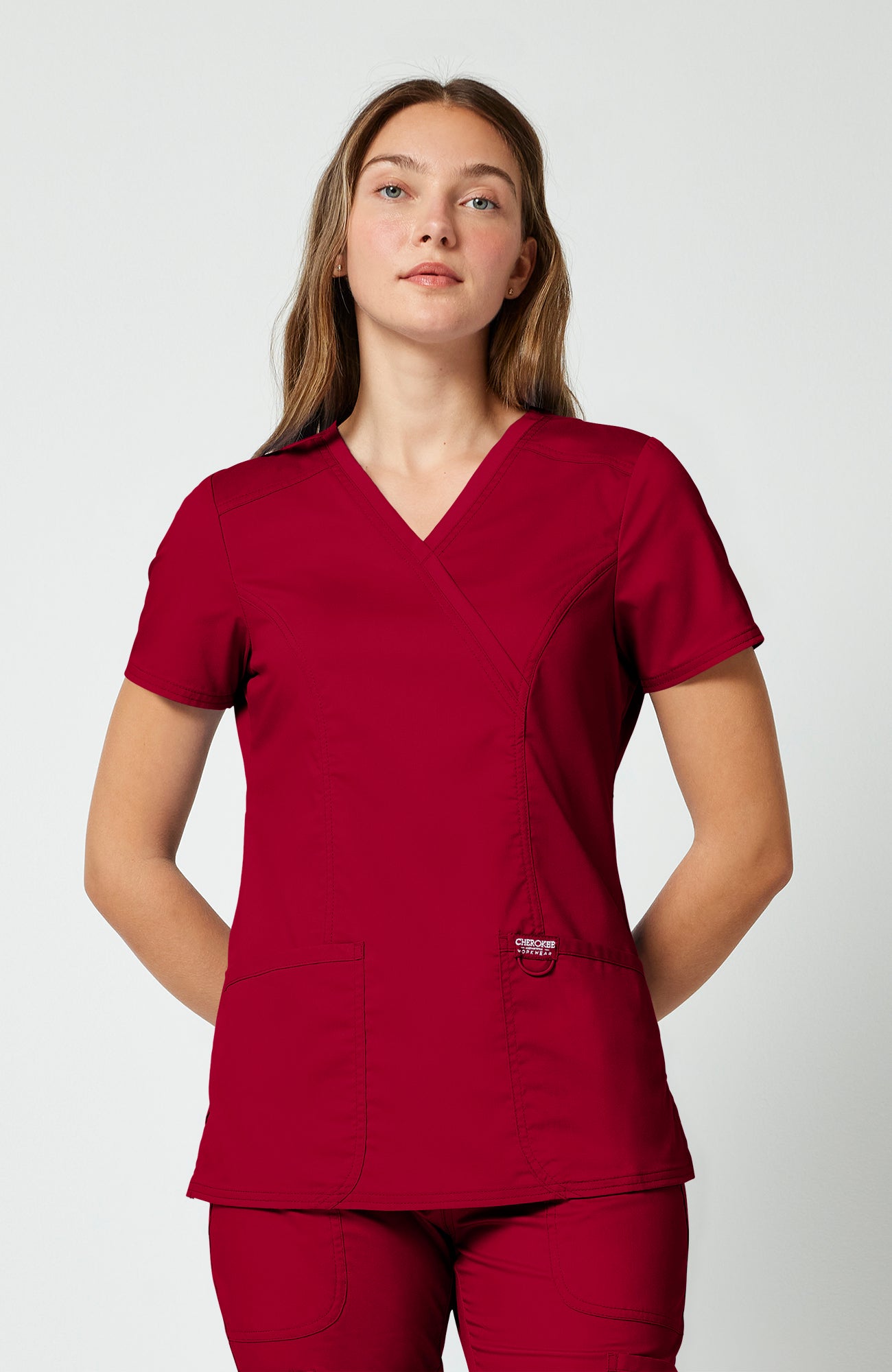 Cherokee WW Revolution Women's Shaped 3-Pocket Mock Wrap Scrub Top