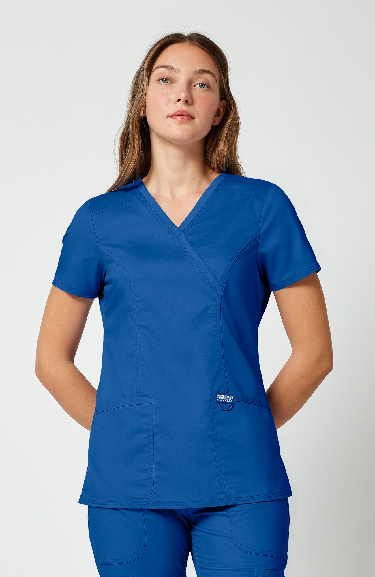 Cherokee WW Revolution Women's Shaped 3-Pocket Mock Wrap Scrub Top